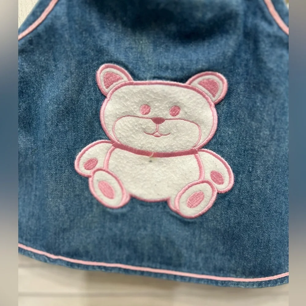 Vintage Y2K Denim Baby Dress with Teddy Appliqué and Matching Scrunchie Hat